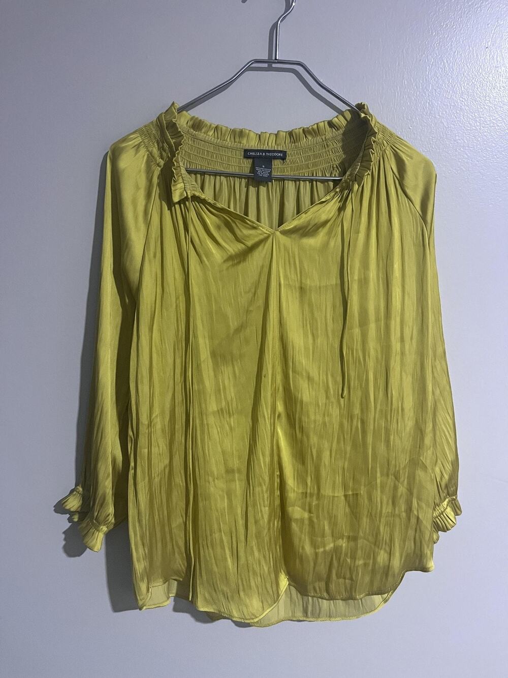 Chelsea & Theodore Blouse Womens S Green Tunic Chiffon V-Neck Ruffle Pleated